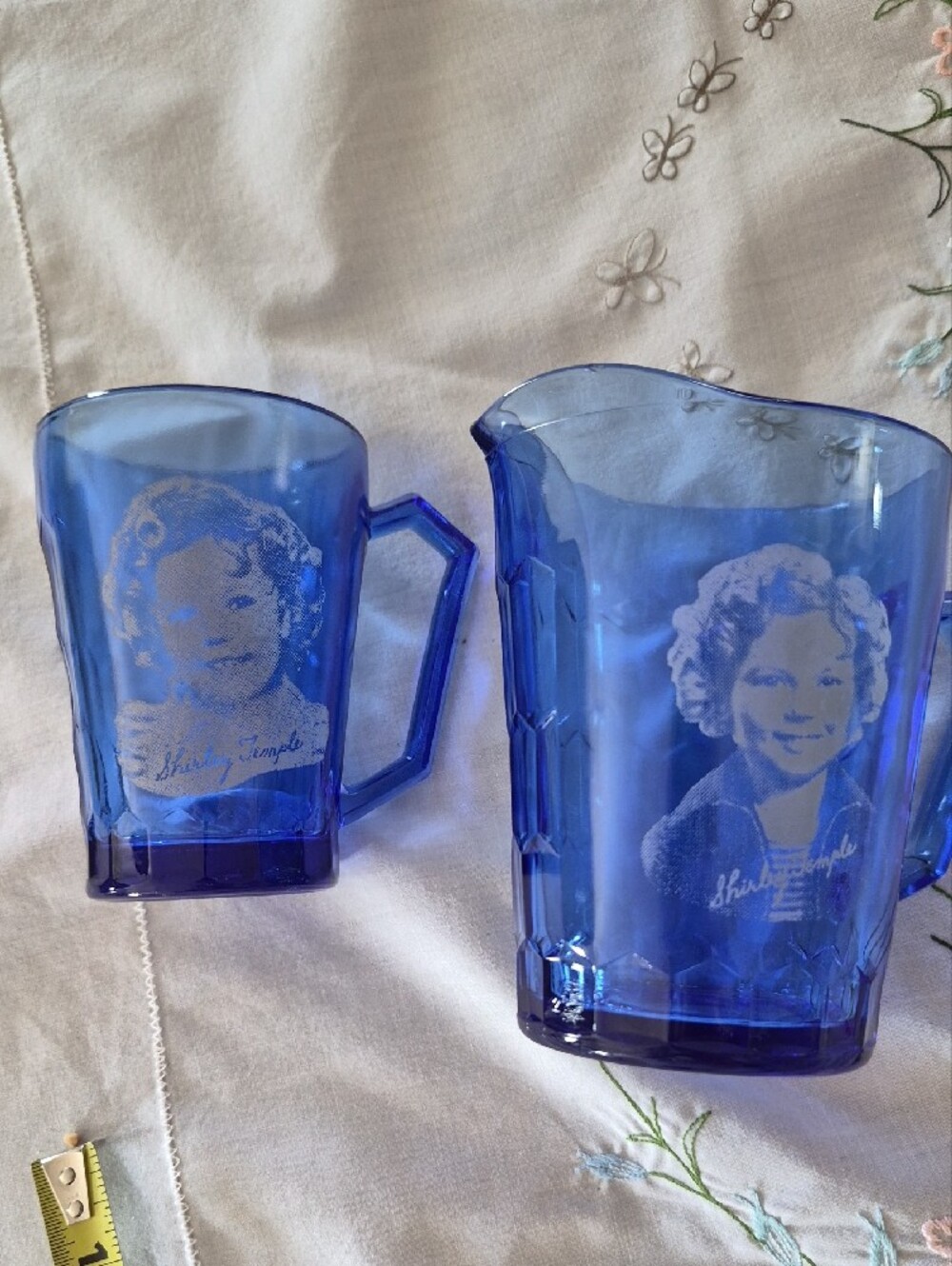 Blue Shirley Temple Etched Glass Pitcher